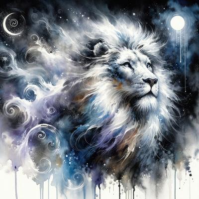 Lion: The primary subject of the image is a lion, which is the main focus of the painting.

Setting/background: The lion is depicted in a nighttime setting, with a moon visible in the background.

Visual style: The image is a painting, which suggests that it is a digital art, illustration, drawing, or a pattern.

Colors and mood: The painting features a mix of purple and blue hues, creating a serene and dramatic atmosphere.